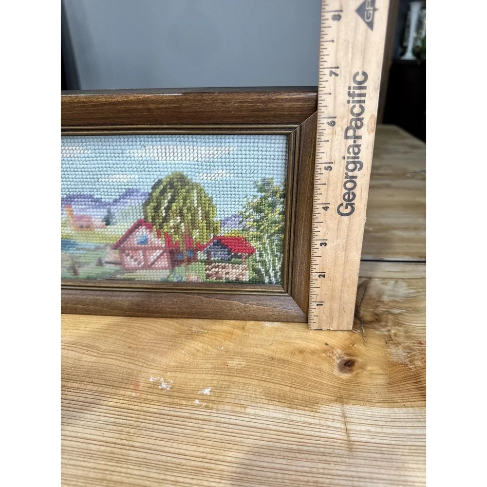 Handmade‎ Framed Red Roof Cottage Village Cross Stitch Tapestry Art Small 5x12